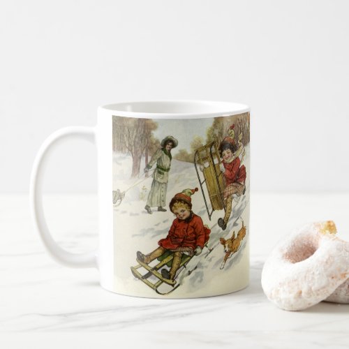 Vintage Christmas Victorian Children Sledding Dog Coffee Mug