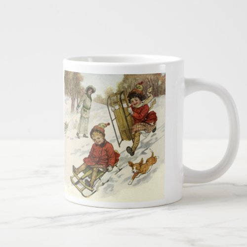 Vintage Christmas Victorian Children Sledding Dog Giant Coffee Mug