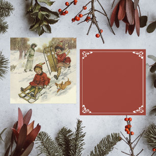 Vintage Christmas, Victorian Children Sledding Dog Holiday Card