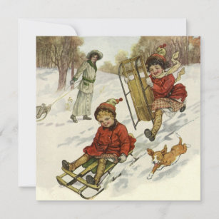 Christmas Kids Sledding Lillian Vernon Post Card Unused Children playing in snow