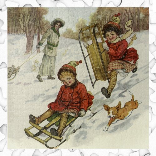 Vintage Christmas Victorian Children Sledding Dog Jigsaw Puzzle