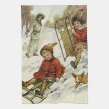 Vintage Christmas, Victorian Children Sledding Dog