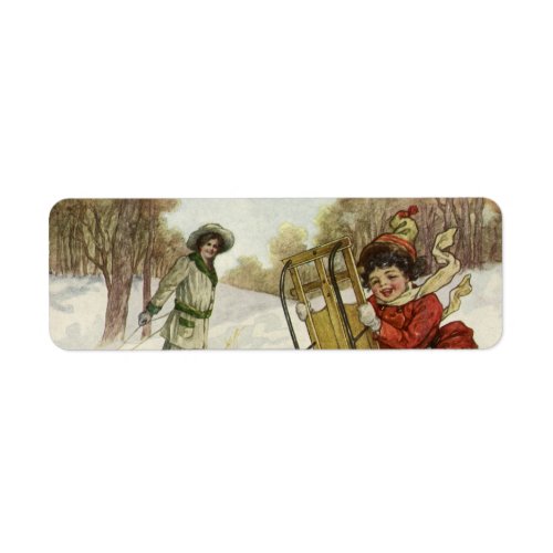 Vintage Christmas Victorian Children Sledding Dog Label