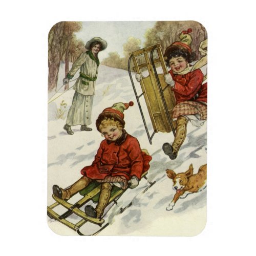 Vintage Christmas Victorian Children Sledding Dog Magnet