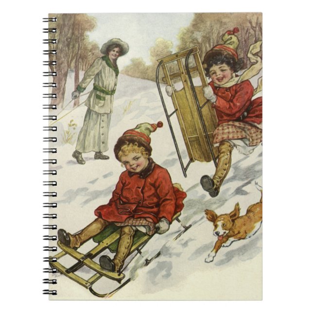 Vintage Christmas, Victorian Children Sledding Dog Notebook (Front)