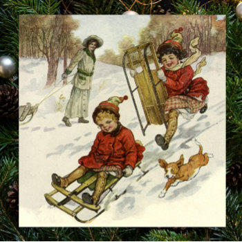 Vintage Christmas  Victorian Children Sledding Dog Poster by ChristmasCafe at Zazzle