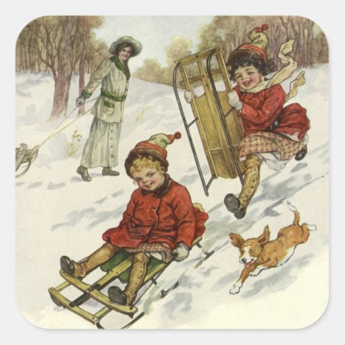 Vintage Christmas Victorian Children Sledding Dog Square Sticker