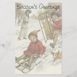 Vintage Christmas, Victorian Children Sledding Dog Stationery