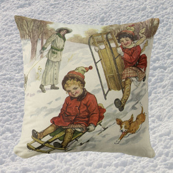 Vintage Christmas  Victorian Children Sledding Dog Throw Pillow by ChristmasCafe at Zazzle