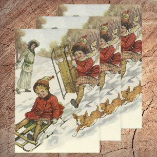 Vintage Christmas, Victorian Children Sledding Dog Wrapping Paper Sheets