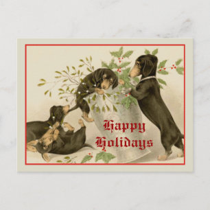 Vintage Christmas Victorian cute dachshund dogs Holiday Postcard