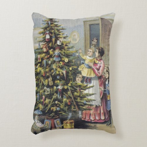 Vintage Christmas Victorian Family Around Tree Accent Pillow