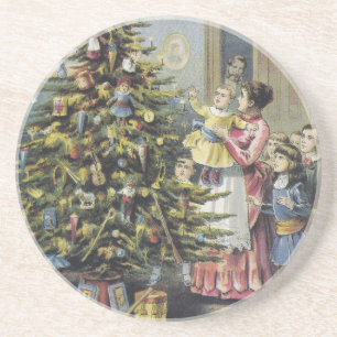 Vintage Christmas, Victorian Family Around Tree Drink Coaster