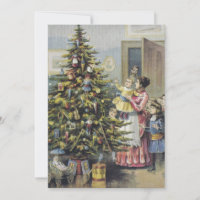 Vintage Christmas, Victorian Family Around Tree Holiday Card