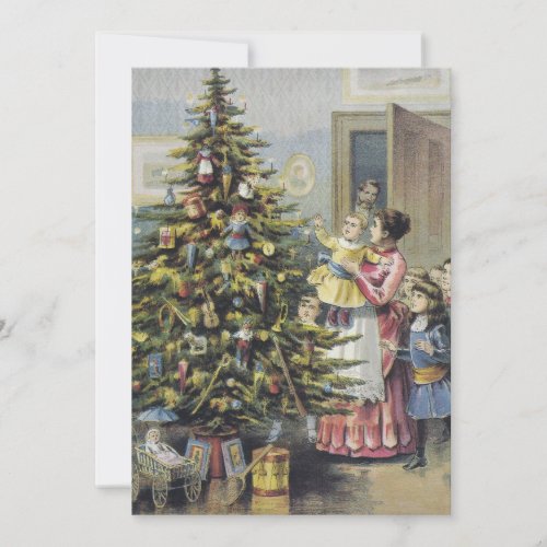 Vintage Christmas Victorian Family Around Tree Holiday Card