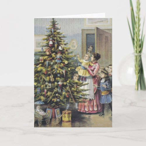 Vintage Christmas Victorian Family Around Tree Holiday Card