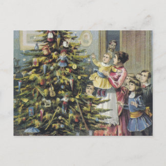 Vintage Christmas, Victorian Family Around Tree Holiday Postcard