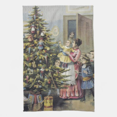 Vintage Christmas Victorian Family Around Tree Kitchen Towel