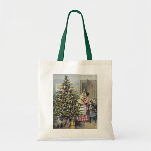 Vintage Christmas Victorian Family Around Tree Tote Bag