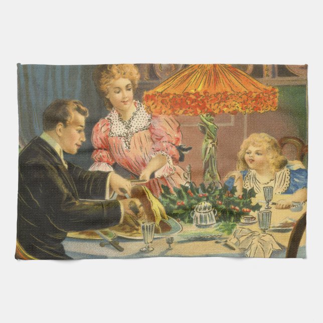 Vintage Christmas, Victorian Family Dinner Kitchen Towel (Horizontal)