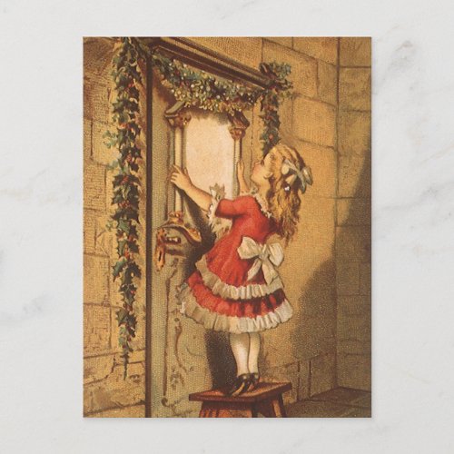 Vintage Christmas Victorian Girl Hanging a Garland Holiday Postcard