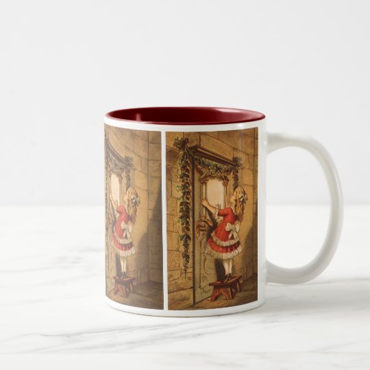 Vintage Christmas Victorian Girl Hanging a Garland Two-Tone Coffee Mug