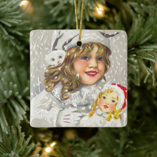 Vintage Christmas Victorian Girl with Doll in Snow Ceramic Ornament