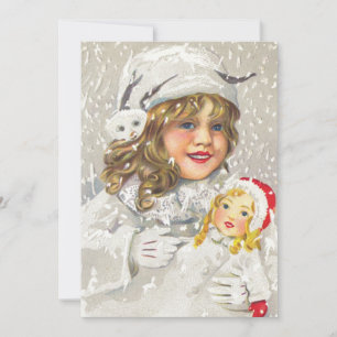 Vintage Christmas Victorian Girl with Doll in Snow Holiday Card
