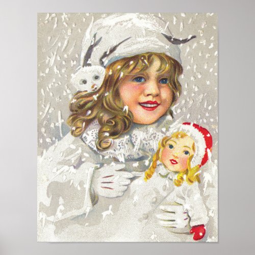 Vintage Christmas Victorian Girl with Doll in Snow Poster