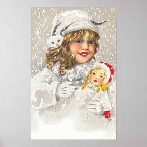 Vintage Christmas Victorian Girl with Doll in Snow Poster