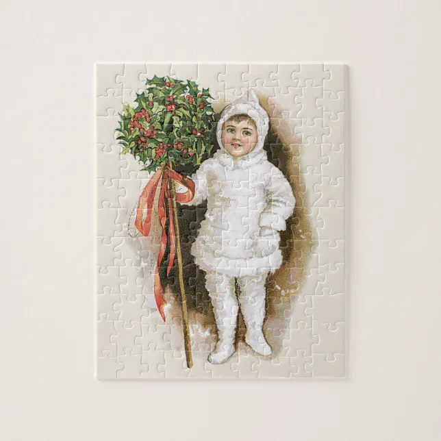 Vintage Christmas, Victorian Girl with Holly Jigsaw Puzzle | Zazzle