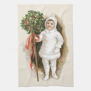 Vintage Christmas, Victorian Girl with Holly Kitchen Towel
