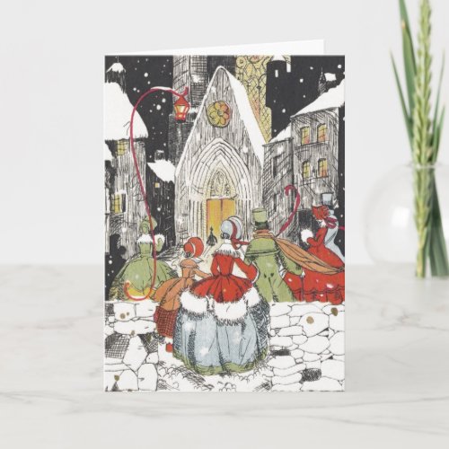 Vintage Christmas Victorian People Going to Church Holiday Card