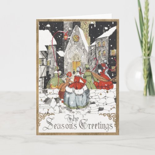 Vintage Christmas Victorian People Going to Church Holiday Card
