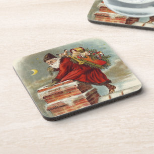 Vintage Christmas Victorian Saint Nicholas on Roof Beverage Coaster