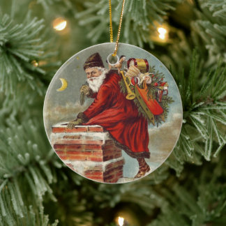 Vintage Christmas Victorian Saint Nicholas on Roof Ceramic Ornament