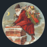 Vintage Christmas Victorian Saint Nicholas on Roof Classic Round Sticker<br><div class="desc">Vintage illustration Victorian Era Christmas holiday design featuring Saint Nicholas on a rooftop climbing down a snow covered chimney with a sack full of toys on Christmas Eve.</div>