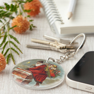 Vintage Christmas Victorian Saint Nicholas on Roof Keychain