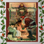 Vintage Christmas, Victorian Santa Claus Children Poster<br><div class="desc">Vintage illustration Victorian Merry Christmas holiday image featuring a jolly Santa Claus delivering toys to two sleeping children by the fireplace on Christmas Eve. The little girl is getting a toy doll. A holly leaves wreath is hanging on the mantle over the fire.</div>