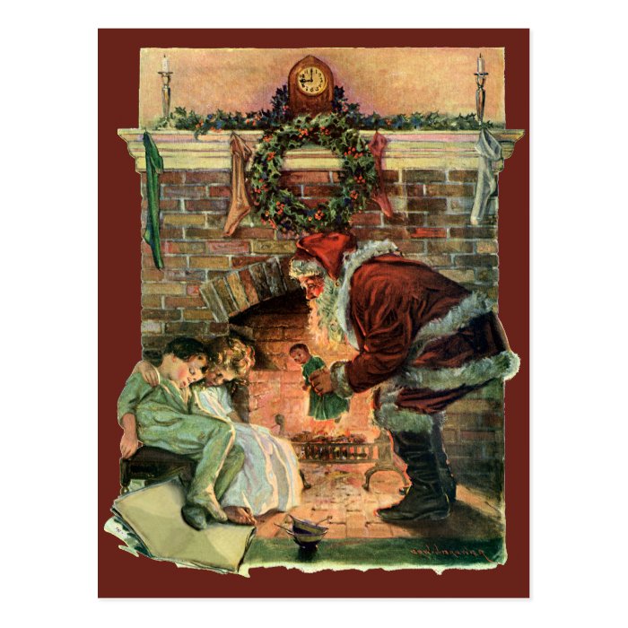 Vintage Christmas, Victorian Santa Claus Fireplace Post Cards