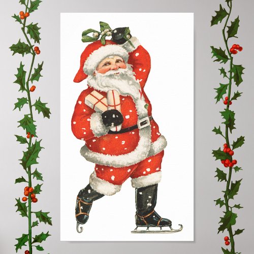 Vintage Christmas Victorian Santa Claus Ice Skater Poster