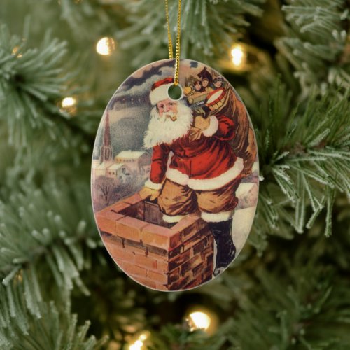 Vintage Christmas Victorian Santa Claus in Chimney Ceramic Ornament