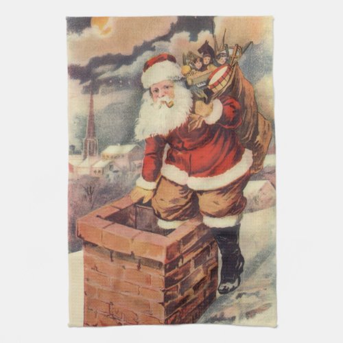 Vintage Christmas Victorian Santa Claus in Chimney Kitchen Towel