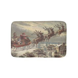 Vintage Christmas, Victorian Santa Claus in Sleigh Bath Mat