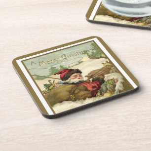 Vintage Christmas, Victorian Santa Claus in Sleigh Beverage Coaster