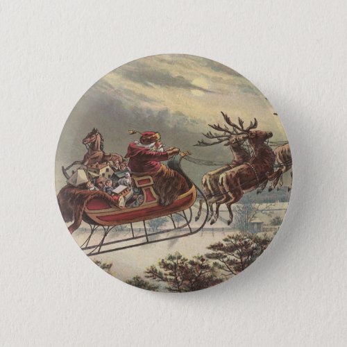 Vintage Christmas Victorian Santa Claus in Sleigh Button