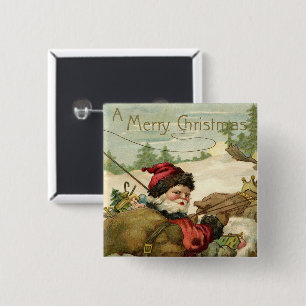 Vintage Christmas, Victorian Santa Claus in Sleigh Button