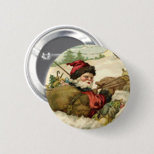 Vintage Christmas, Victorian Santa Claus in Sleigh Button