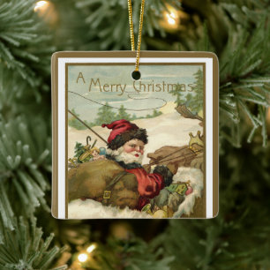 Vintage Christmas, Victorian Santa Claus in Sleigh Ceramic Ornament