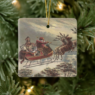 Vintage Christmas, Victorian Santa Claus in Sleigh Ceramic Ornament